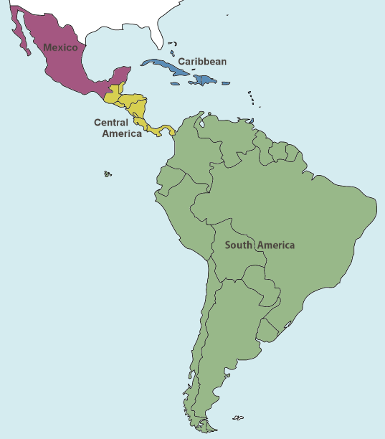 Map indicating regions of 
Latin America